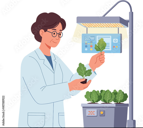 Scientist examining green leafy plants under artificial light in modern lab flat design vector illustration