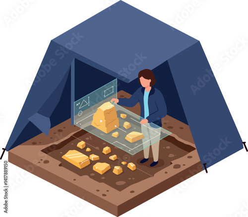 Archaeologist examining golden artifacts inside blue tent detailed isometric flat vector illustration