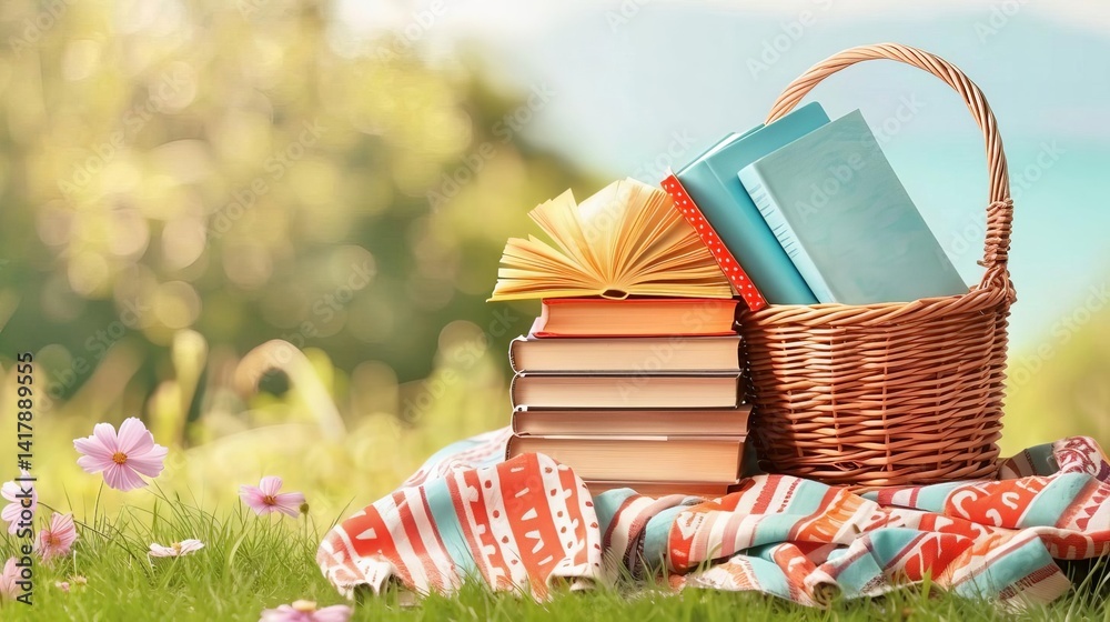 Obraz premium A collection of books in a woven basket resting on a lush green grass surface under clear blue sky