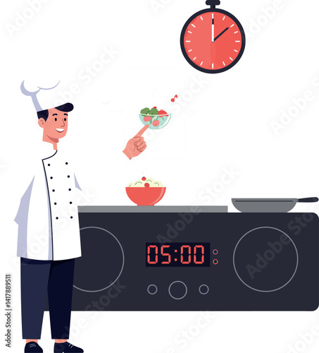 Chef in white uniform adding fresh ingredients to bowl near stove with timer in flat vector illustration
