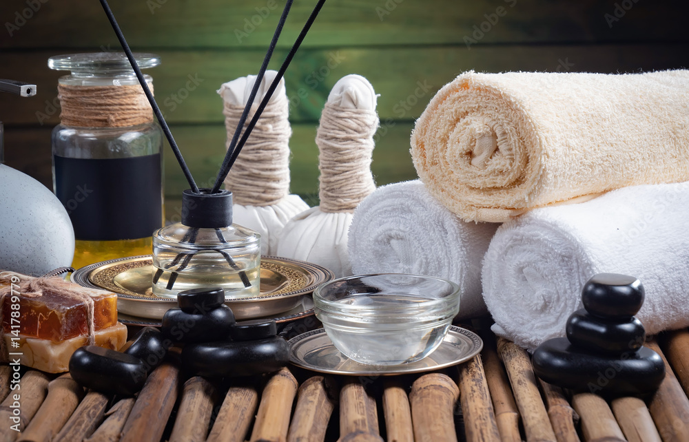 Spa treatment with candles and towel on wooden table, closeup