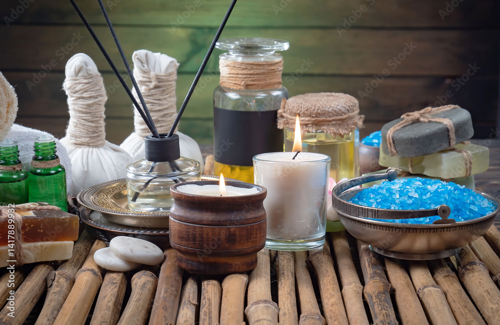 Spa treatment with candles and towel on wooden table, closeup