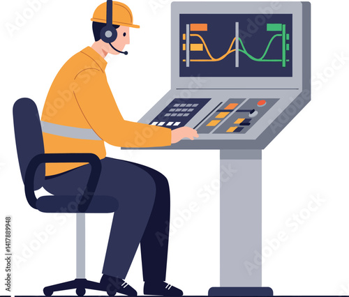 Male industrial worker operating control panel with headset in flat minimal vector art