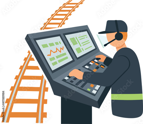 Railway operator monitoring control panels with graphs and data near train tracks flat design vector illustration