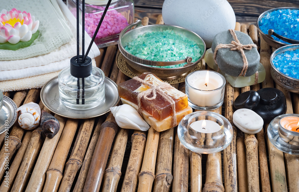 Spa treatment with candles and towel on wooden table, closeup