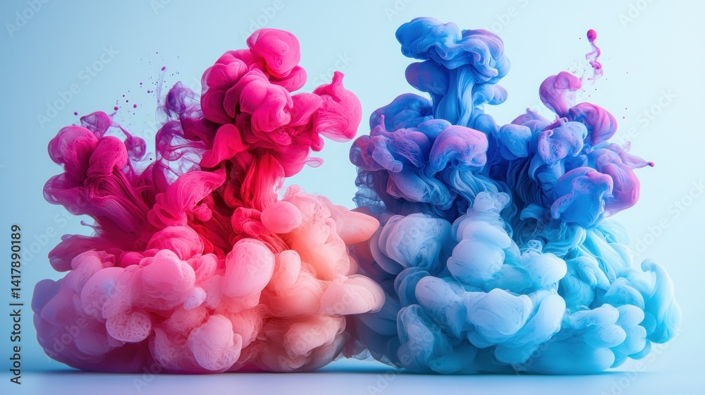 Obraz premium Swirling pink and blue inks meet, forming abstract, cloud-like shapes in light blue space