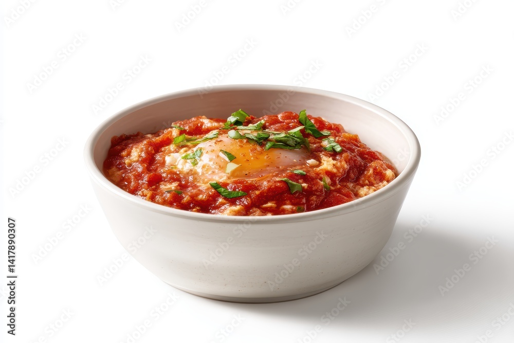 Delicious shakshuka presented in a modern bowl on a clean white background inviting mediterranean flavors and healthy eating Delicious shakshuka presented in a modern bowl on a clean white background inviting mediterranean flavors and healthy eating