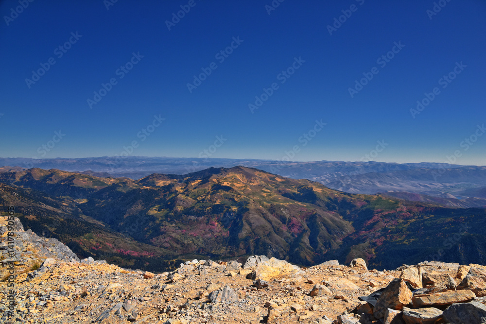 Box Elder Peak view from peak, American Fork Canyon. Lone Peak, Mt Timpanogos Uinta-Wasatch-Cache National Forest, Wasatch Range Rocky Mountains, Utah, United States.