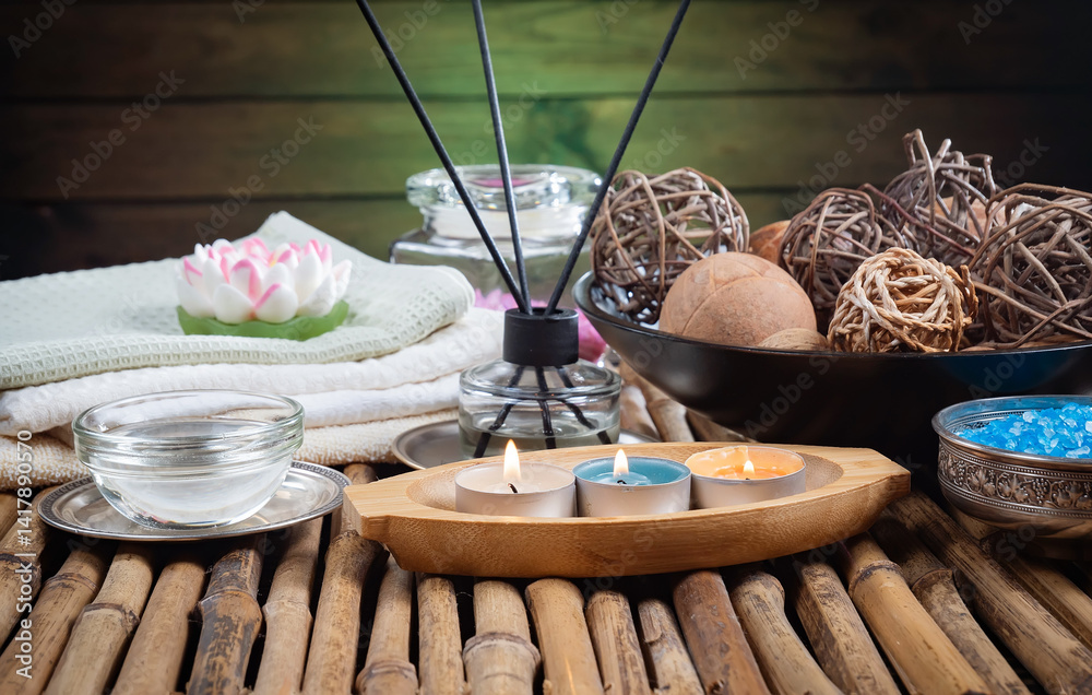 Spa treatment with candles and towel on wooden table, closeup