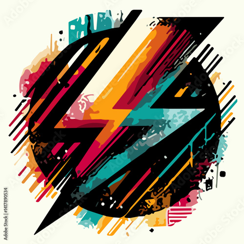 Dynamic abstract design featuring lightning bolt and vibrant colors in circular layout
