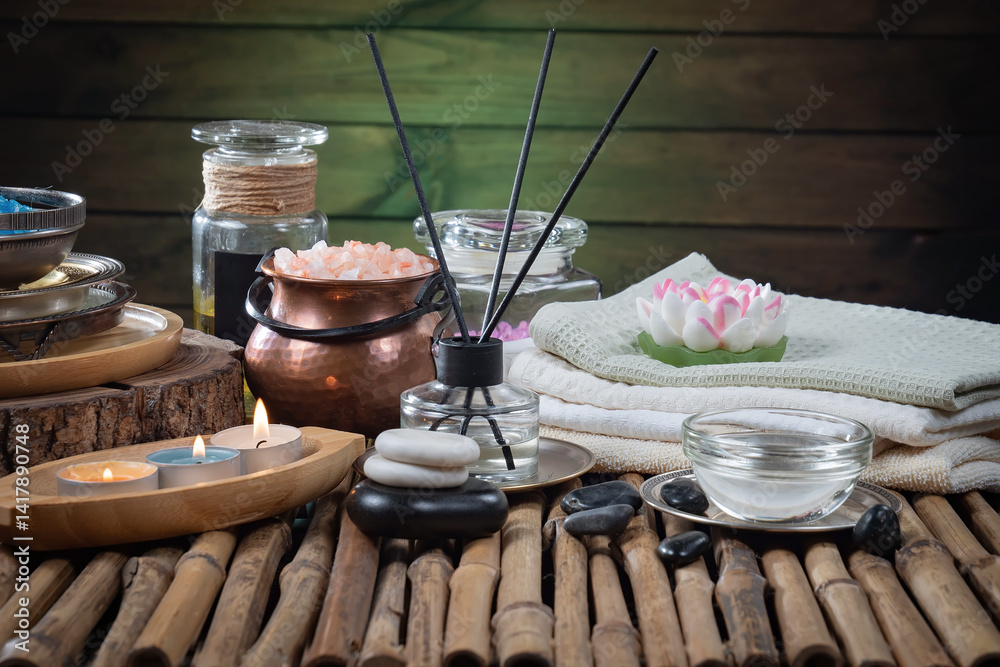 Spa treatment with candles and towel on wooden table, closeup