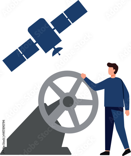 Man operating gray telescope with satellite orbiting above in minimal flat vector illustration