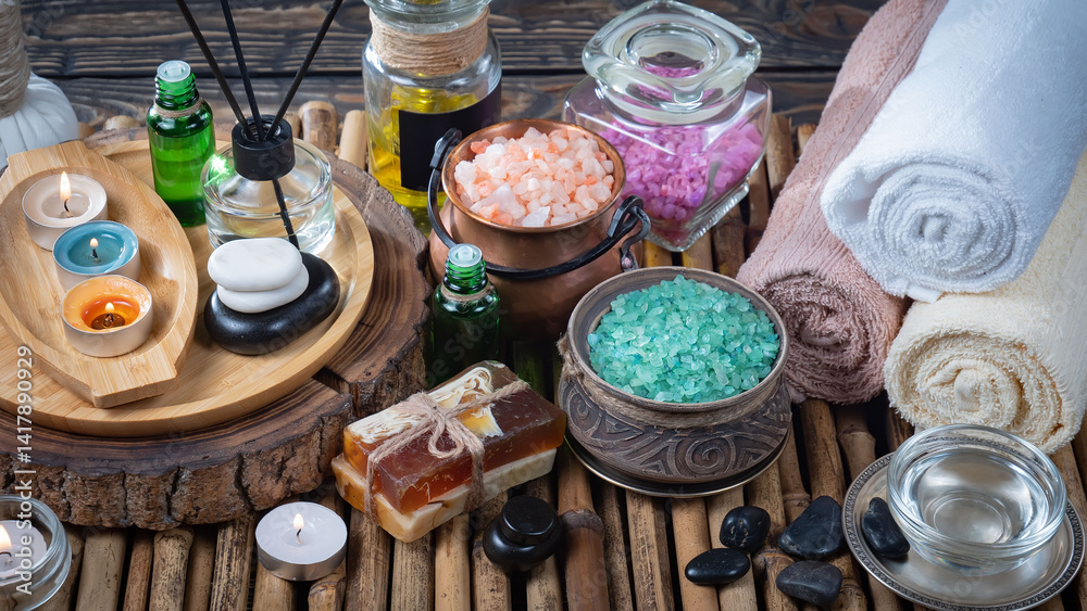 Spa treatment with candles and towel on wooden table, closeup