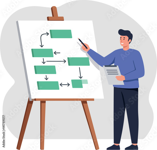 Young man presenting flowchart on easel board with pointer in casual clothing flat style vector illustration