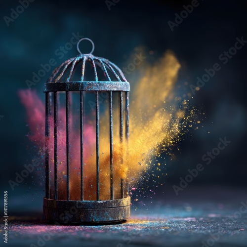 Colorful explosion around metallic cage artistic composition abstract metaphor conceptual art