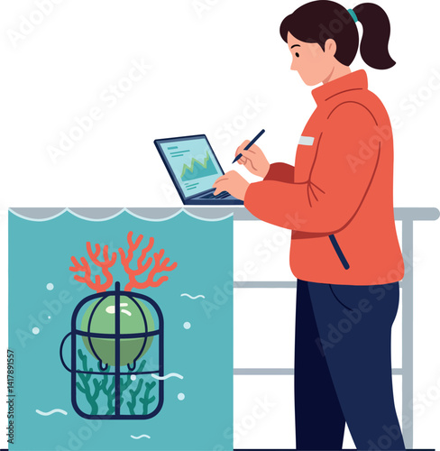 Female scientist in orange jacket conducting marine research with tablet and underwater cage detailed flat vector illustration