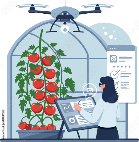 Woman monitoring tomato plants using tablet and drone in modern greenhouse flat design vector illustration