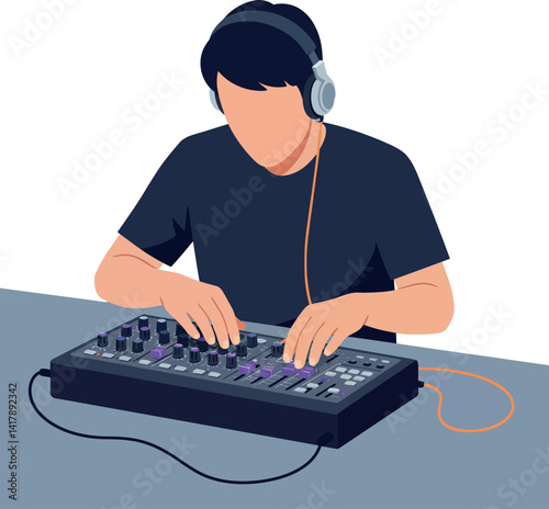Young male DJ mixing music with headphones on flat design digital audio console vector illustration