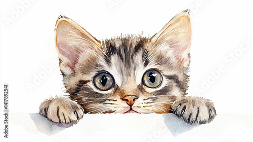 ひょっこり顔を覗かせる柔らかタッチの猫イラスト