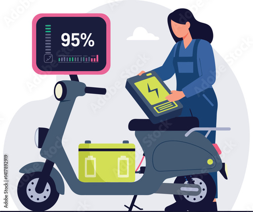 Woman repairing electric scooter battery with digital display showing charge level flat vector illustration