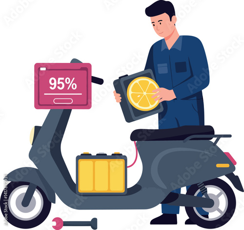 Young man repairing electric scooter with battery replacement flat design modern vector illustration