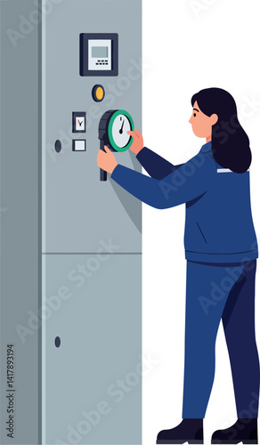 Female technician adjusting industrial control panel with gauge flat vector illustration