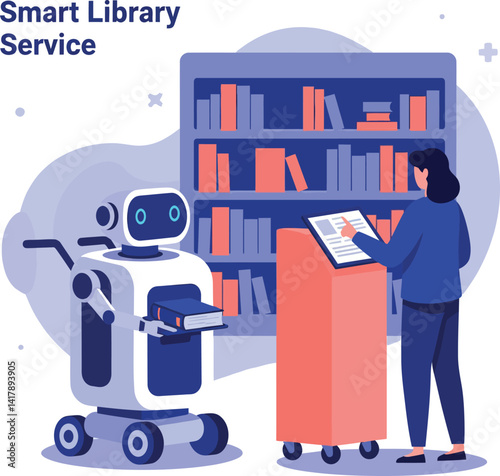 Robot assistant delivering books to woman in modern flat style library scene vector illustration