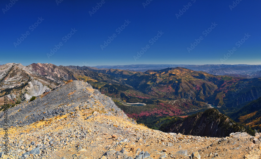Box Elder Peak view from peak, American Fork Canyon. Lone Peak, Mt Timpanogos Uinta-Wasatch-Cache National Forest, Wasatch Range Rocky Mountains, Utah, United States.