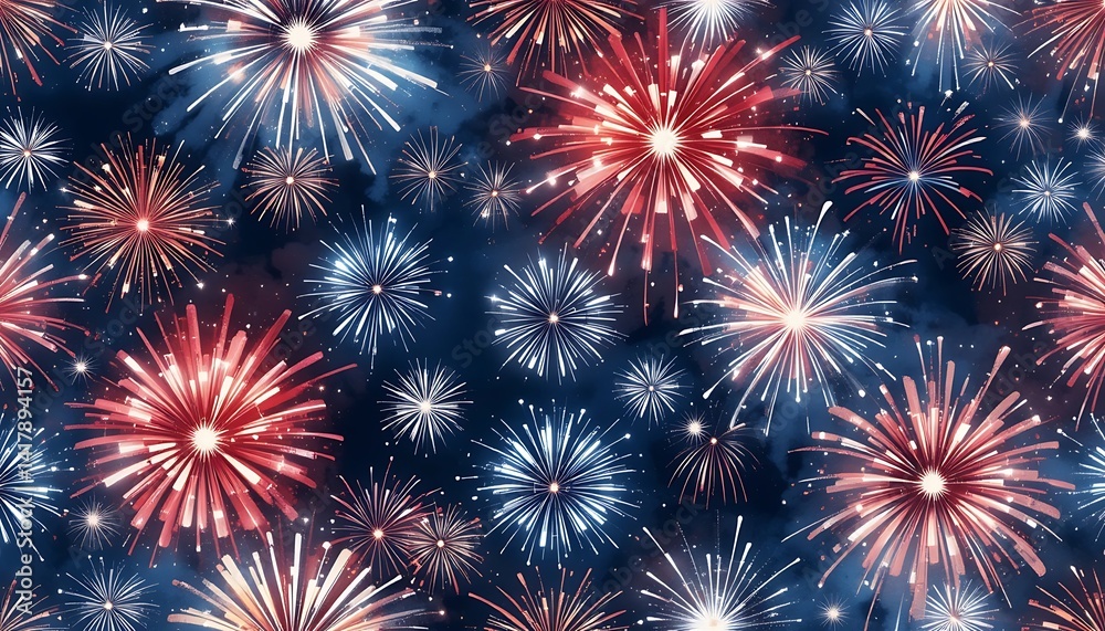 Fototapeta premium Festive Fireworks Display with Red White and Blue for Celebrations