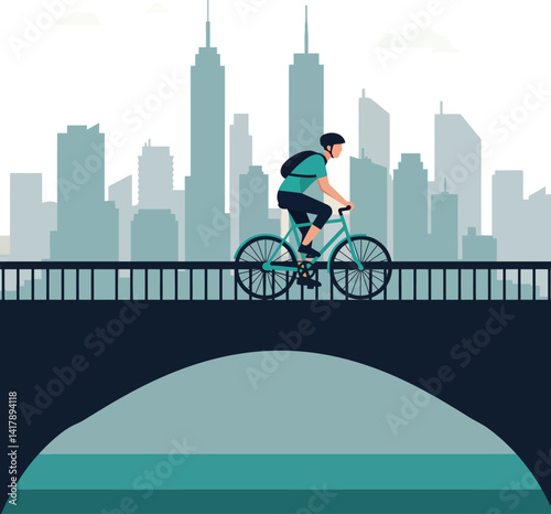 Man cycling on urban bridge with city skyline background flat design vector illustration