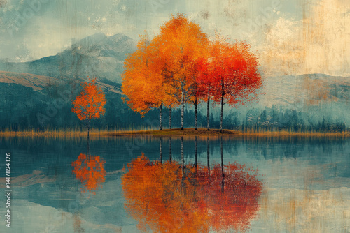 Painting of trees reflecting on water, vibrant orange leaves, serene nature scene.