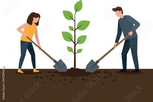 Young man and woman planting tree together outdoors with shovels flat minimal vector illustration