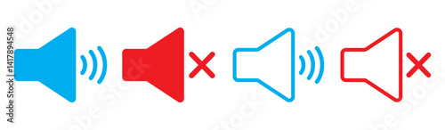 Mute Icon for Audio, Sound Control, Set of Speaker Icons Featuring Mute, Unmute icon set. Speaker icon set. volume icon vector. loudspeaker icon vector. Mute and unmute volume sound icon set. Red mic