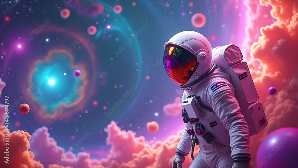 Fototapeta premium Colorful Galaxy with Astronaut and Bubbles on Alien Planet – Fantasy Space Art 