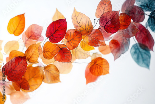 Colorful leaves hanging from a string against a white background.