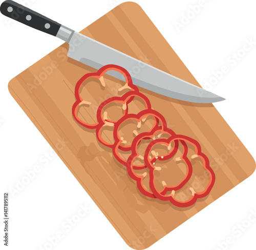 Sliced red bell pepper on wooden cutting board with stainless steel kitchen knife flat vector illustration