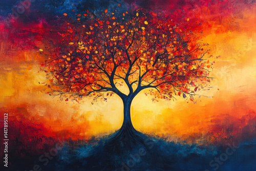 Vibrant red leaves on a tree under a clear blue sky.