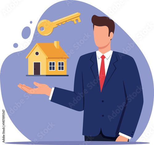 Real estate agent holding a small yellow house and golden key flat design vector illustration