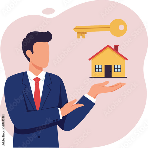 Businessman holding small house and key in flat design real estate vector illustration