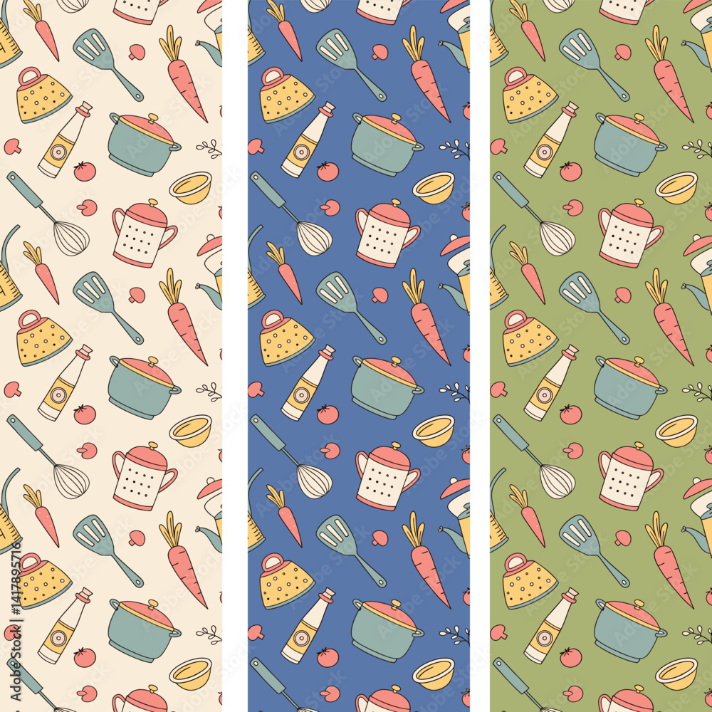 Naklejka premium Kitchen Utensils with Vegetables Cute Pattern