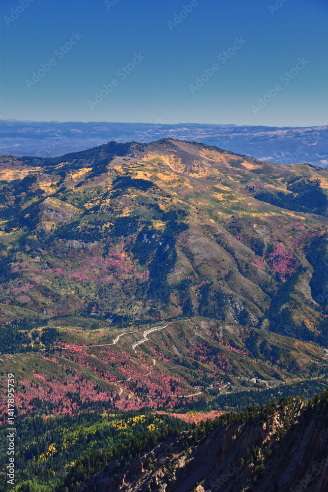 Box Elder Peak view from peak, American Fork Canyon. Lone Peak, Mt Timpanogos Uinta-Wasatch-Cache National Forest, Wasatch Range Rocky Mountains, Utah, United States.