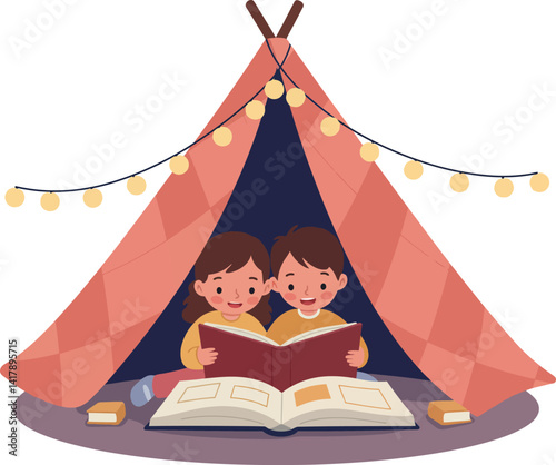 Two children reading books inside cozy tent with hanging lights flat design vector illustration