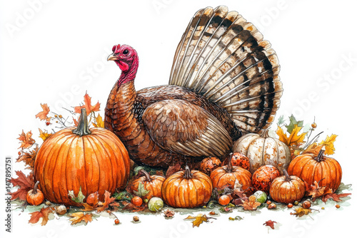 Turkey surrounded by pumpkins and gourds, creating a festive autumn centerpiece.