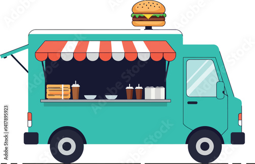 Food truck with striped awning serving burgers and condiments flat design vector illustration