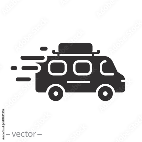 minibus for tourism, travel on microbus icon, bus tour, flat vector illustration