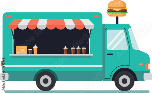 Food truck with striped awning serving burgers and drinks in flat minimal style vector art