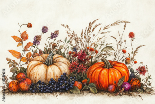 Vibrant painting featuring pumpkins and flowers, capturing the essence of autumn with rich colors and detailed brushwork.