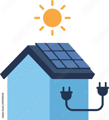 Solar powered house with blue roof and panels under bright sun flat design vector illustration
