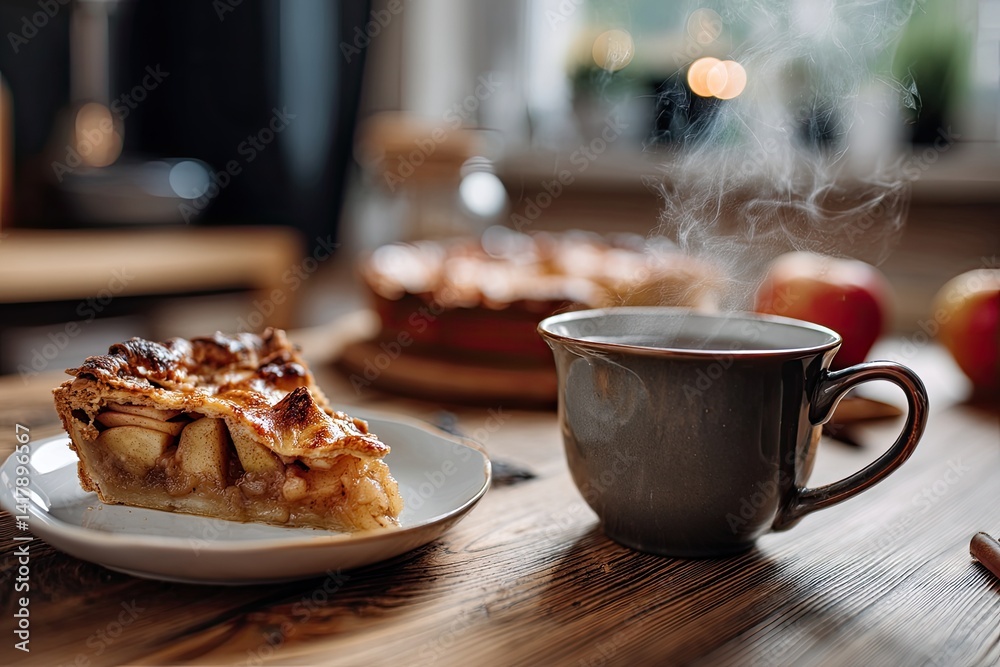 warm apple pie slice next to steaming tea cup on a wooden kitchen table