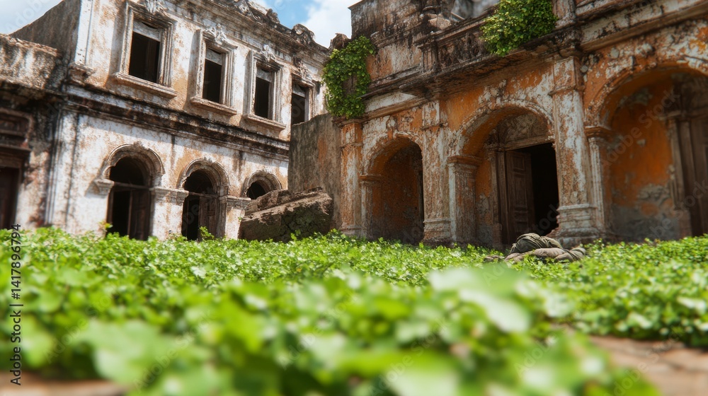 Obraz premium Overgrown Ruins of Two Old Buildings on a Sunny Day